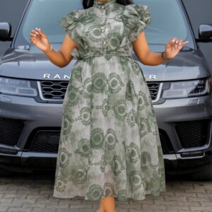 Chiffon Floral High Neck Midi Dress