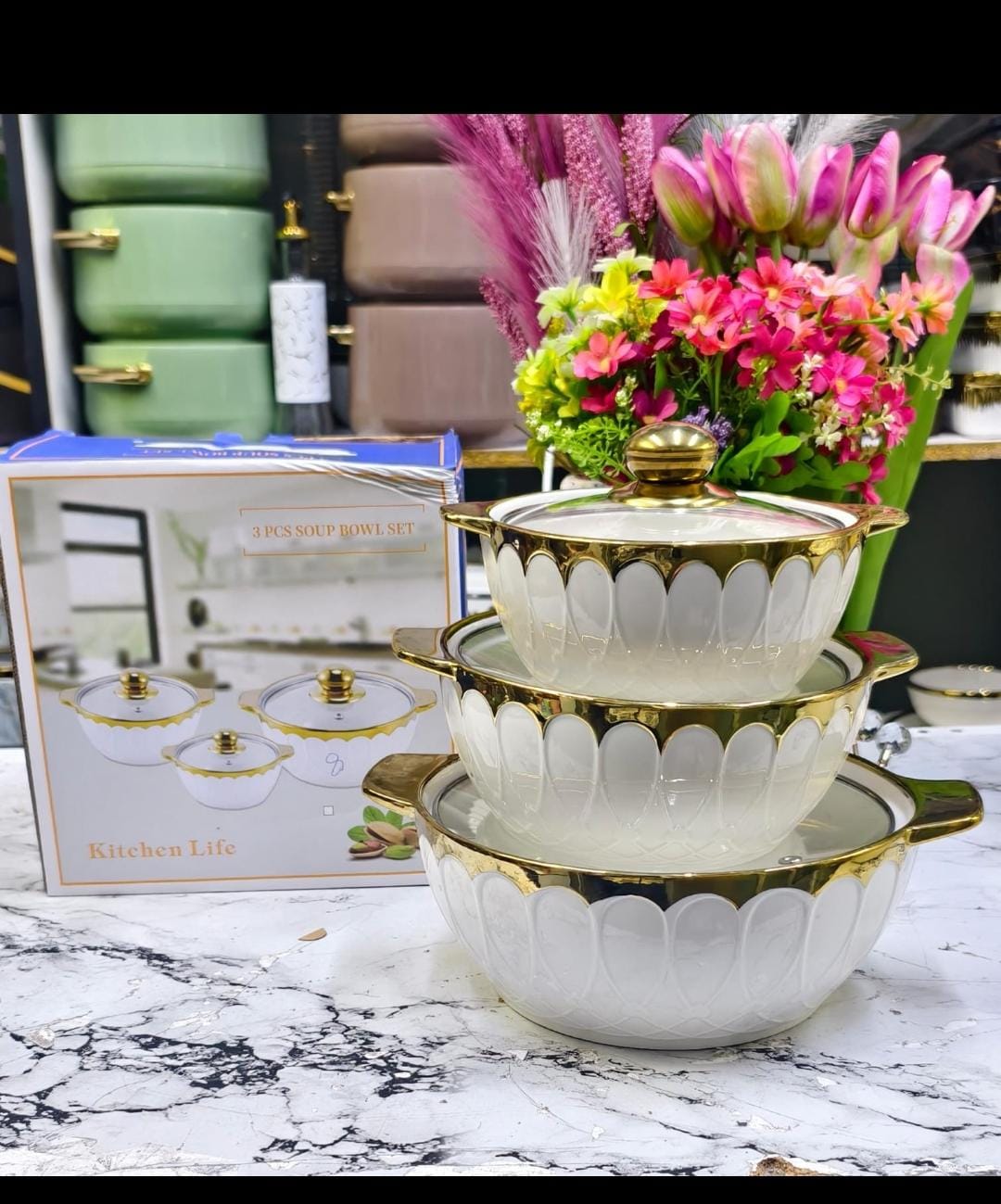 3PC Gold Ceramic Serving Dishes with Glass Covers - Image 3